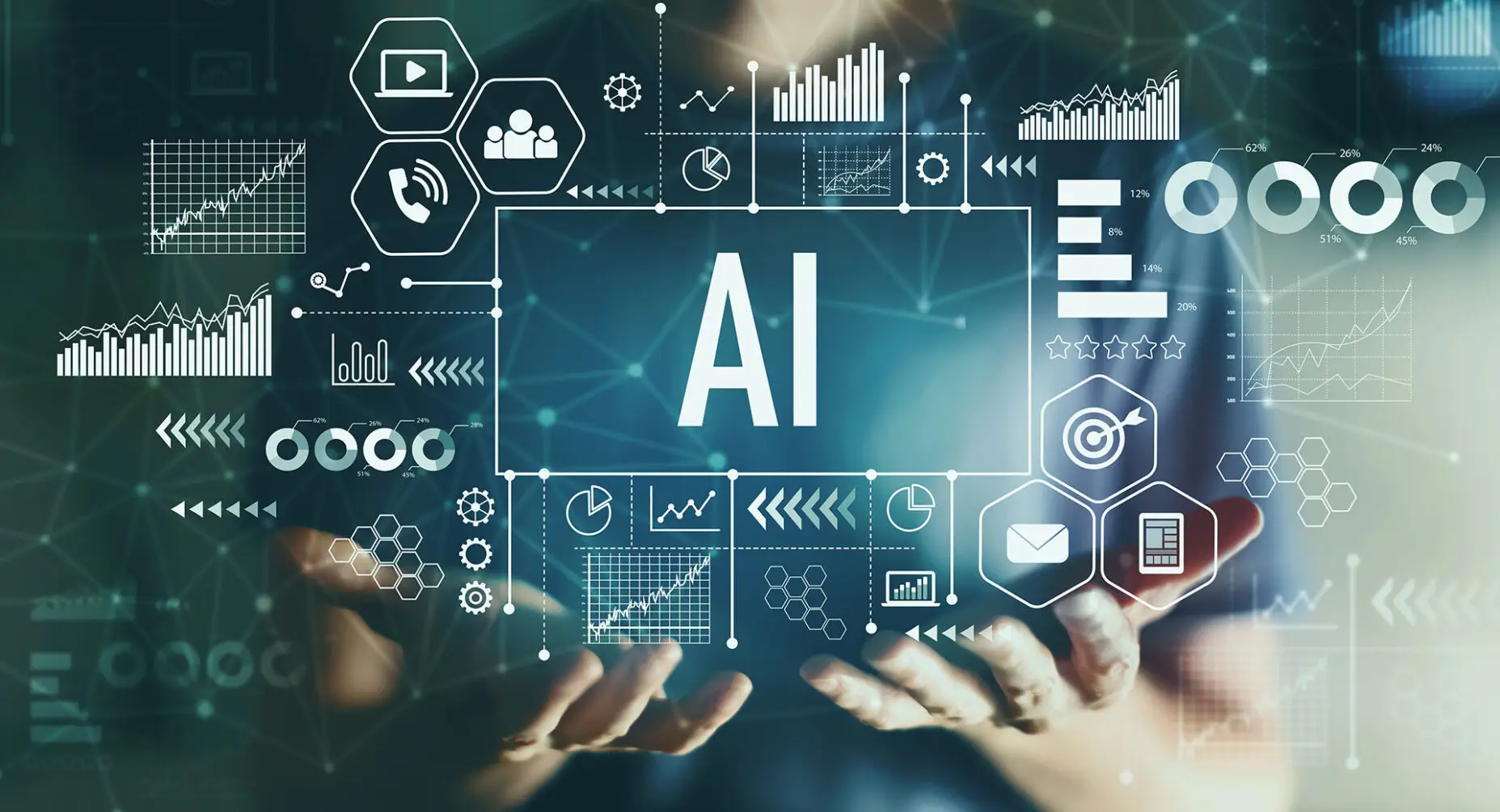 Hands interacting with a futuristic AI interface with icons and graphs symbolizing data analytics and artificial intelligence concepts.