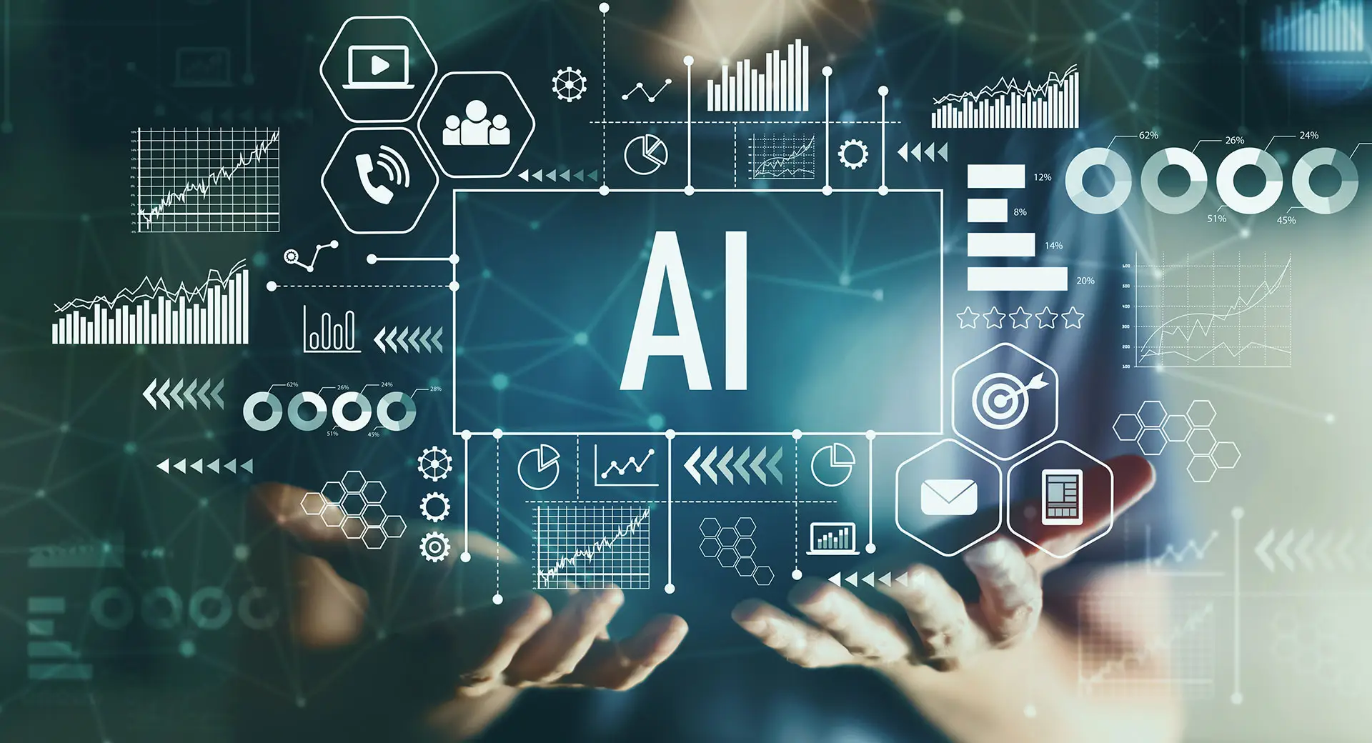 Hands interacting with a futuristic AI interface with icons and graphs symbolizing data analytics and artificial intelligence concepts.